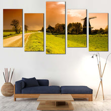 Load image into Gallery viewer, Windmill Scenery Canvas Print Orange Sunset Windmill  5 Piece Canvas Wall Art Beautiful Green Netherlands Windmill Multi Canvas In Your Living Room
