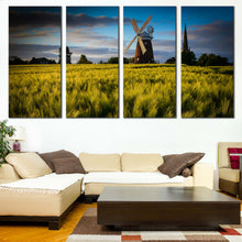 Load image into Gallery viewer, Windmill Scenery Canvas Wall Art Cloudy Blue Sky Old Windmill 4 Piece Split Canvas Green Trees Nature English Windmill Canvas Print In Living Room
