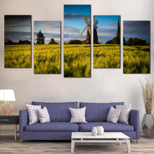 Load image into Gallery viewer, Windmill Scenery Canvas Wall Art Cloudy Blue Sky Old Windmill 5 Piece Split Canvas Green Trees Nature English Windmill Canvas Print
