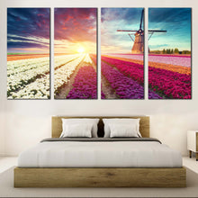 Load image into Gallery viewer, Windmill Scenery Canvas Wall Art Green Windmill Tulips Sun Field  4 Piece Canvas For Your Bedroom
