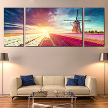 Load image into Gallery viewer, Windmill  Scenery  Canvas  Wall  Art  Green  Windmill  Tulips  Sun  Field    3  Piece  Canvas For Living Room
