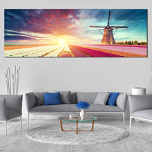 Load image into Gallery viewer, Windmill  Scenery  Canvas  Wall  Art  Green  Windmill  Tulips  Sun  Field  Living  Room  Panoramic  Canvas  Artwork  White  Red  Holland  Landscape 1  Piece  Canvas  Print In Living Room
