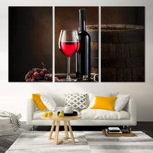 Load image into Gallery viewer, Wine Barrel Canvas Print Brown Wine Barrel 3 Piece Multi Canvas Artwork Red Wine Glass Bottle Triptych Canvas Wall Art For Living room
