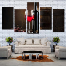 Load image into Gallery viewer, Wine Barrel Canvas Print Brown Wine Barrel 5 Piece Multi Canvas Red Wine Glass Bottle Canvas Wall Art 
