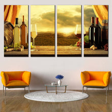 Load image into Gallery viewer, Wine Barrels Canvas Wall Art Red White Wine Glass Multiple Canvas Yellow Vineyard Sunset Wine Drink  4 Piece Canvas Print For Living Room
