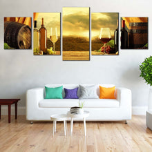 Load image into Gallery viewer, Wine Barrels Canvas Wall Art Red White Wine Glass Multiple Canvas Yellow Vineyard Sunset Wine Drink  5 Piece Canvas Print For Your Living room
