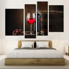 Load image into Gallery viewer, Wine Bottle Canvas Wall Art Red Grapes With Red Wine Bedroom 4 Piece Canvas Print
