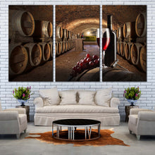Load image into Gallery viewer, Wine Bottles Canvas Wall Art Red Wine Drink Glass 3 Piece Multi Panel Canvas Old Wine Cellar Canvas Set Brown Drink Barrels Canvas Print In Living Room
