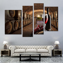 Load image into Gallery viewer, Wine Bottles Canvas Wall Art Red Wine Drink Glass 4 Piece Multi Panel Canvas Brown Drink Barrels Canvas Print 
