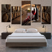Load image into Gallery viewer, Wine Bottles Canvas Wall Art Red Wine Drink Glass 5 Piece Multi Panel Canvas Old Wine Cellar Canvas Set Brown Drink Barrels Canvas Print 
