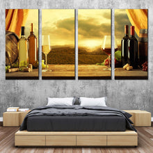 Load image into Gallery viewer, Wine Bottles Canvas Wall Art Yellow Vineyard Sunset Canvas Artwork Brown Wine Barrels  4 Piece Canvas Red and White Wine Canvas Print For Bedroom
