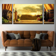Load image into Gallery viewer, Wine Bottles Canvas Wall Art Yellow Vineyard Sunset  3 Piece Canvas Red and White Wine Canvas Print In Living Room
