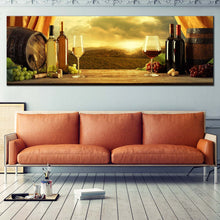 Load image into Gallery viewer, Wine  Bottles  Canvas  Wall  Art  Yellow  Vineyard  Sunset  Living  Room  Panoramic  Canvas  Artwork  Brown  Wine  Barrels  1  Piece  Wide  Canvas  Red  and  White  Wine  Canvas  Art In Living room
