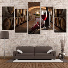 Load image into Gallery viewer, Wine Cellar Canvas Wall Art Brown Barrels Grapes Bottles Canvas Set Red Wine Drink Glass  5 Piece Canvas Print
