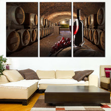 Load image into Gallery viewer, Wine Drink Canvas Print Red Wine Grapes Glass Bottles  3 Piece Canvas Old Wine Cellar Brown Barrels Canvas Wall Art For Living Room
