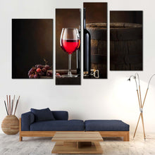 Load image into Gallery viewer, Wine Drink Canvas Wall Art Brown Barrel Drink Bottle Canvas Print Red Grapes With Red Wine 4 Piece Multiple Canvas
