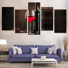 Load image into Gallery viewer, Wine Drink Canvas Wall Art Brown Barrel Drink Bottle Canvas Print Red Grapes With Red Wine 5 Piece Multiple Canvas
