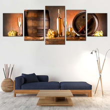 Load image into Gallery viewer, Wine Drink Canvas Wall Art Brown Wine Barrels  5 Piece Canvas Set Orange Background Grapes Drink Bottles Canvas Print For Living Room
