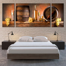 Load image into Gallery viewer, Wine Drink Canvas Wall Art Brown Wine Barrels Triptych Canvas Set Orange Background Grapes Drink Bottles  3 Piece Canvas Print For Bedroom
