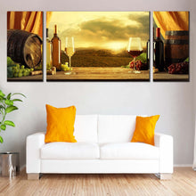 Load image into Gallery viewer, Wine Drink Canvass Wall Art Yellow Red Wine Bottles Multi Panel Canvas Brown Wine Barrels Grapes  3 Piece Canvas Set For Living Room

