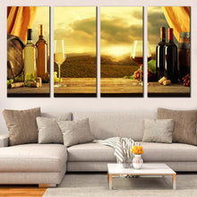 Load image into Gallery viewer, Wine Drink Canvass Wall Art Yellow Red Wine Bottles Multi Panel Canvas Brown Wine Barrels Grapes  4 Piece Canvas Set In Living Room
