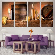 Load image into Gallery viewer, Wine Grapes Canvas Print Orange Background Wine Drink Multi Canvas Artwork Brown Alcoholic Barrels  4 Piece Canvas Wall Art In Your Living Room
