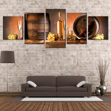 Load image into Gallery viewer, Wine Grapes Canvas Print Orange Background Wine Drink Multi Canvas Artwork Brown Alcoholic Barrels  5 Piece Canvas Wall Art In Living room
