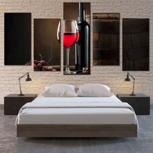 Load image into Gallery viewer, Wine Grapes Canvas Wall Art Red Wine Bottle  5 Piece Canvas Print Brown Barrel Wine Drink Glass Multi Canvas 
