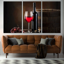 Load image into Gallery viewer, Wine Grapes Canvas Wall Art Red Wine Bottle  3 Piece Canvas Print Brown Barrel Wine Drink Glass Multi Canvas In Living room

