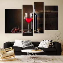 Load image into Gallery viewer, Wine Grapes Canvas Wall Art Red Wine Bottle Living Room 4 Piece Canvas Print Brown Barrel Wine Drink Glass Multi Canvas
