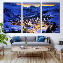 Load image into Gallery viewer, Winter Mountain Canvas Wall Art Yellow Ski Resort Canvas Print France Blue Evening Landscape 3 Piece Multiple Canvas In Living Room
