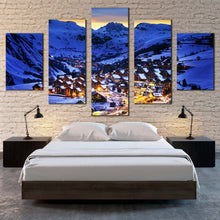 Load image into Gallery viewer, Winter Mountain Canvas Wall Art Yellow Ski Resort Canvas Print France Blue Evening Landscape 5 Piece Multiple CanvasFor Bedroom
