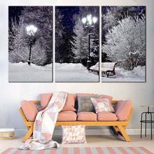 Load image into Gallery viewer, Winter Forest Canvas Wall Art Grey Snow Covered Trees Scenery 3 Piece Multi Panel Canvas White Snow Bench Park Canvas Print In Living Room
