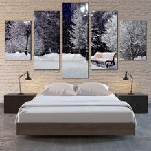 Load image into Gallery viewer, Winter  Forest  Canvas  Wall  Art  Grey  Snow  Covered  Trees  Scenery  5  Piece  Multi  Panel  Canvas  White  Snow  Bench  Park  Canvas  Print For Bedroom
