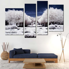 Load image into Gallery viewer, Winter Forest Canvas Wall Art Snow Covered White Trees Forest 4 Piece Multi Panel Canvas Blue Night Cloudy Sky Scenery Canvas Print 
