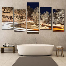 Load image into Gallery viewer, Winter Lights Canvas Print Winter Road White Light Trail Multiple Canvas Grey Trees Sky Vortex light 5 Piece Canvas Wall Art For Bathroom
