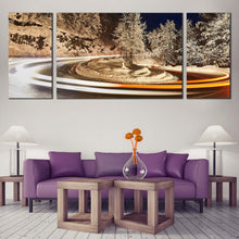 Load image into Gallery viewer, Winter Lights Canvas Print Winter Road White Light Trail Multiple Canvas Grey Trees Sky Vortex light  3 Piece Canvas Wall Art For Living Room
