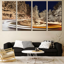 Load image into Gallery viewer, Winter Lights Canvas Print Winter Road White Light Trail Multiple Canvas Grey Trees Sky Vortex light  4 Piece Canvas Wall Art In Your Living Room
