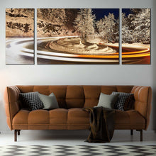 Load image into Gallery viewer, Winter Road Canvas Wall Art Grey Snow Trees Night Sky  3 Piece Canvas Print Vortex Light Canvas Set White Light Trail Multi Canvas In Living Room

