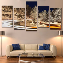 Load image into Gallery viewer, Winter Road Canvas Wall Art Grey Snow Trees Night Sky  5 Piece Canvas Print Vortex Light Canvas Set White Light Trail Multi Canvas In Living Room

