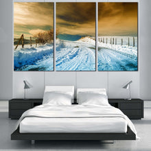 Load image into Gallery viewer, Winter Scenery Canvas Wall Art Dramatic Cloudy Brown Sky Canvas Print White Road Snow Scenery  3 Piece Canvas Set For Bedroom
