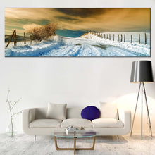 Load image into Gallery viewer, Winter  Scenery  Canvas  Wall  Art  Dramatic  Cloudy  Brown  Sky  Canvas  Print  White  Road  Snow  Scenery   Piece  Canvas  Set In Living Room
