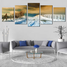 Load image into Gallery viewer, Winter Scenery Canvas Wall Art Dramatic Cloudy Brown Sky Canvas Print White Road Snow Scenery  5 Piece Canvas Set In Your Living Room
