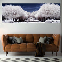 Load image into Gallery viewer, Winter  Scenery  Canvas  Wall  Art  Snow  Covered  White  Trees  Forest  Living  Room  Panoramic  Canvas  Artwork  Blue  Night  Cloudy  Sky  Canvas  Print For Living Room
