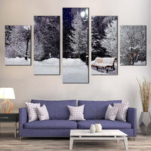 Load image into Gallery viewer, Winter  Trees  Canvas  Wall  Art  White  Snow  Bench  At  Night  Canvas  Print  Grey  Snow  Covered  Trees  Park  5  Piece  Multiple  Canvas In Living Room
