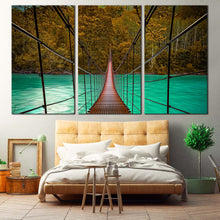 Load image into Gallery viewer, Wooden Bridge Canvas Wall Art Brown Suspension Bridge Sea  3 Piece Canvas Print Green Sea Park River Triptch Split Canvas In Bedroom
