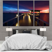 Load image into Gallery viewer, Wooden Bridge Canvas Wall Art Dramatic Blue Red Sunset Sky Canvas Set Pier at Sea  3 Piece Canvas Print For Bedroom

