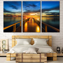 Load image into Gallery viewer, Wooden Bridge Canvas Wall Art Dramatic Blue Yellow Sunset Sky Multi Canvas Artwork Orange Pier at Sea  3 Piece Canvas Print For Bedroom
