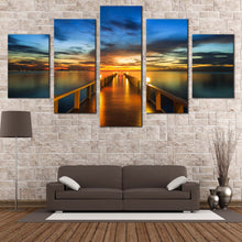 Load image into Gallery viewer, Wooden  Bridge  Canvas  Wall  Art  Dramatic  Blue  Yellow  Sunset  Sky  Multi  Canvas  Artwork  Orange  Pier  at  Sea    5  Piece  Canvas  Print For Living Room
