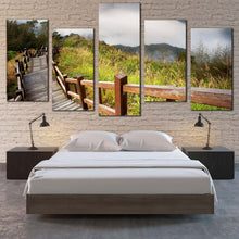Load image into Gallery viewer, Wooden Path Canvas Wall Art Green Scenery  5 Piece Canvas Print Grey Mountain Canvas Artwork For Your Bedroom
